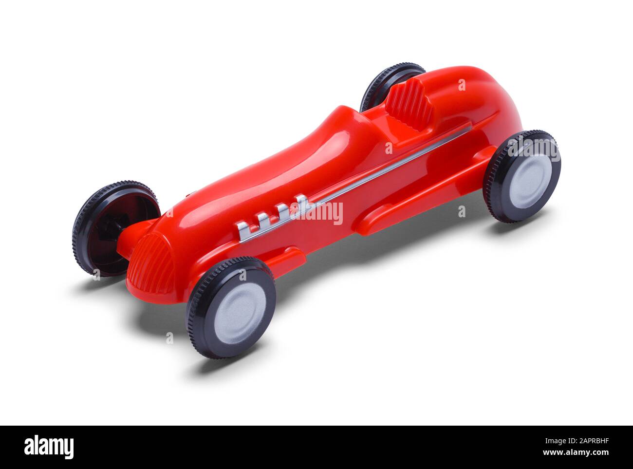 Red Plastic Toy Car Isolated on White Background. Stock Photo