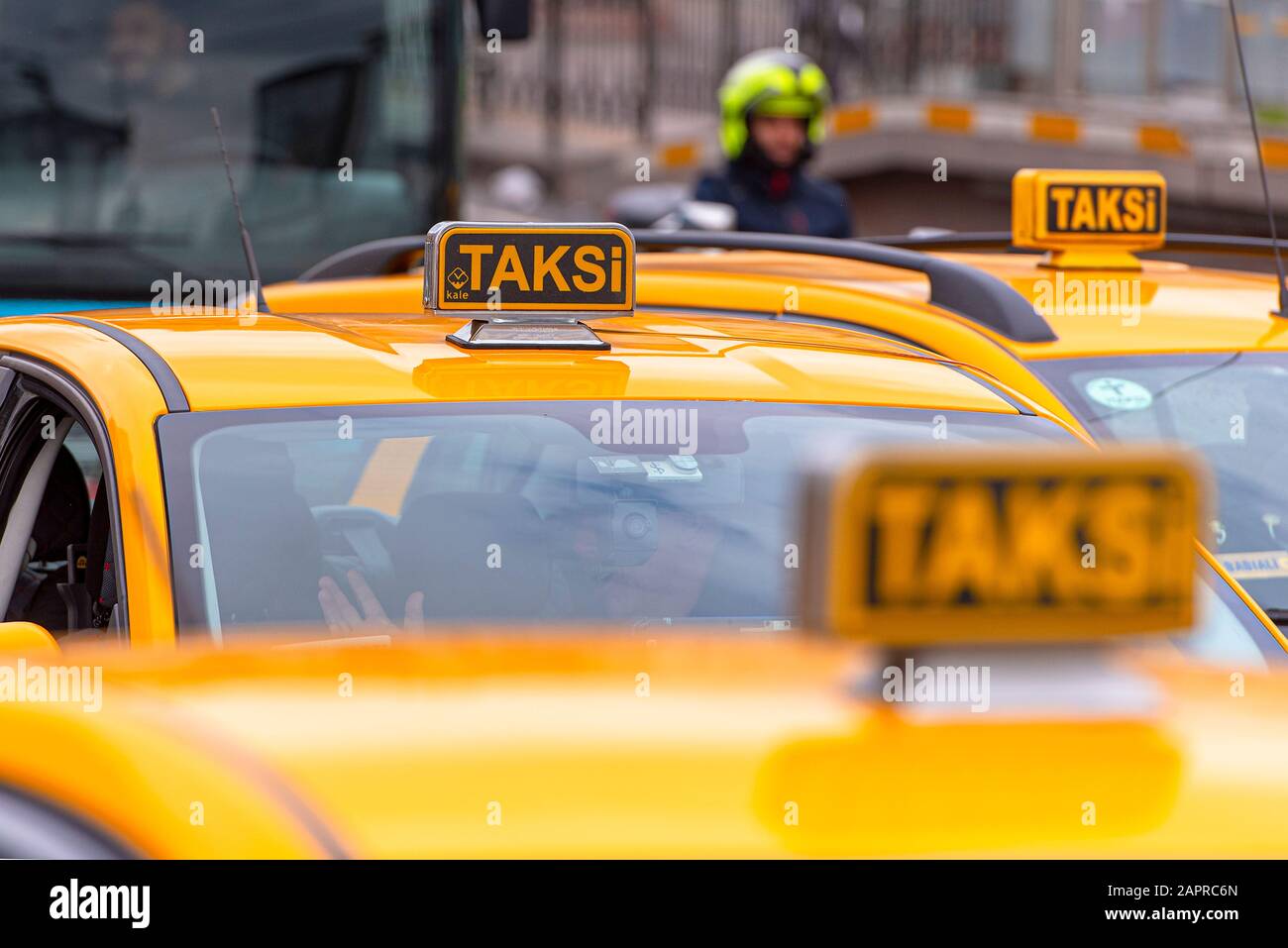 ISTANBUL - JAN 01: Yellow TAXI in Turkey, Turkish Taxi in Istanbul on January 01. 2020 in Turkey Stock Photo