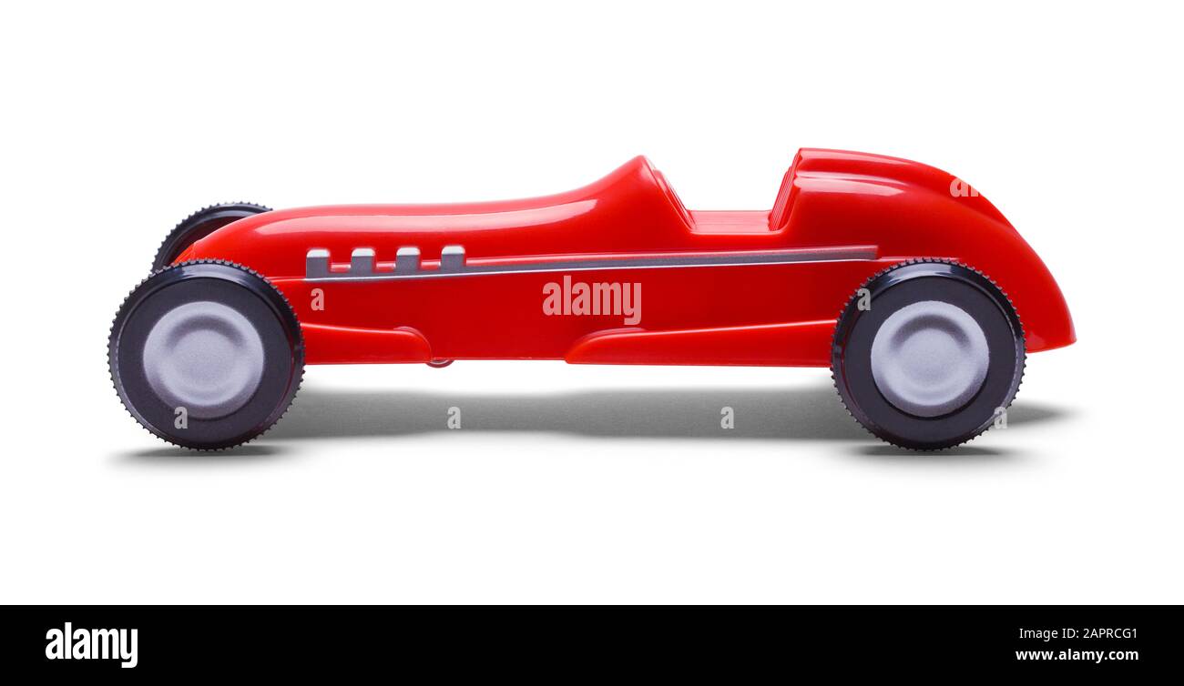 Red Toy Car Side View Isolated on White Background. Stock Photo