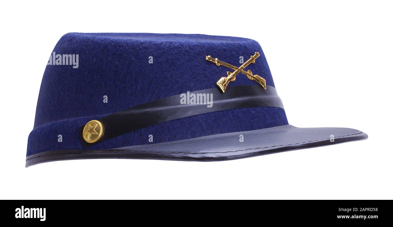 Blue Union Army Hat Side View Cut Out on White. Stock Photo