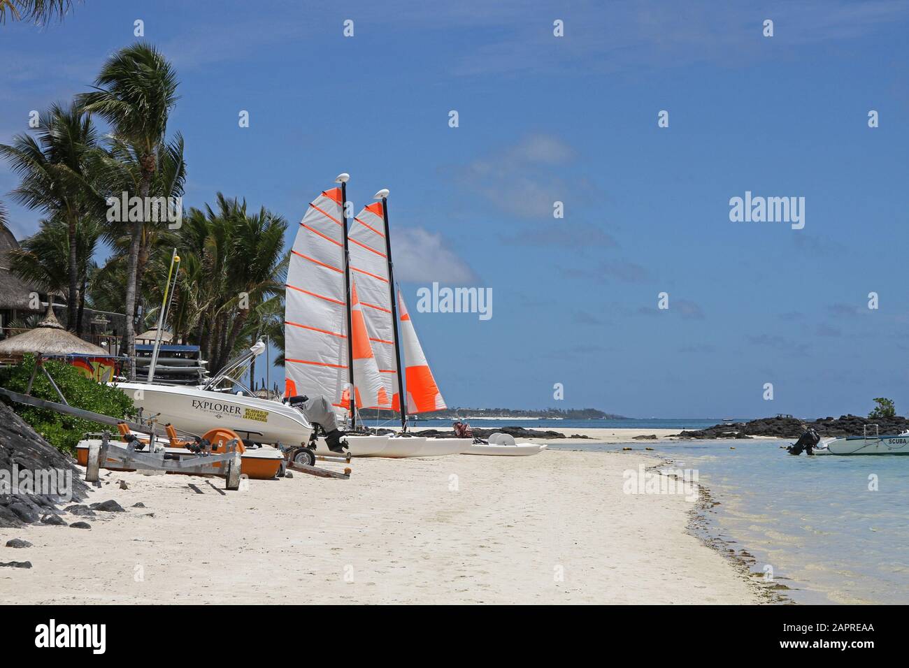 Yachts on beach, Mauritius. Stock Photo