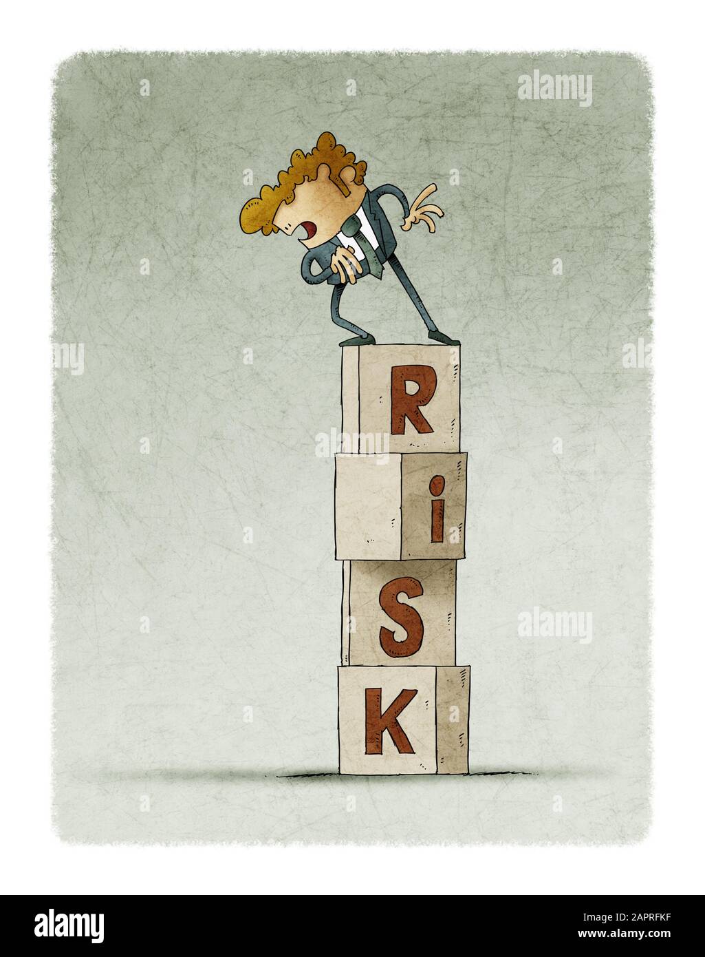 tower of cubes with the word risk in which there is a cautious man who looks down. Stock Photo