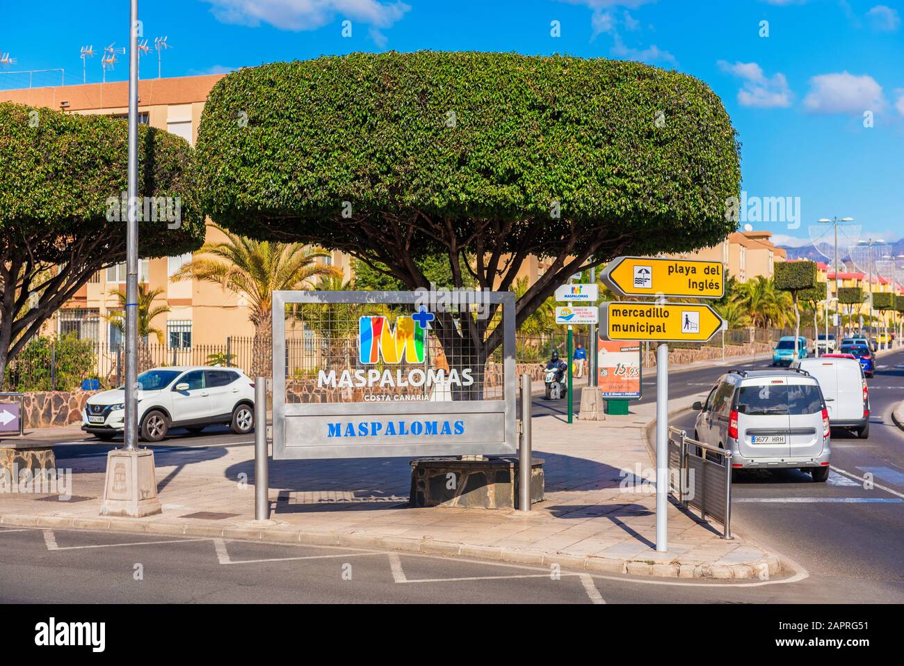 Entrance Sign to Maspalomas, Gran Canaria, Canary Islands, Spain. Maspalomas is located in the south of the island and is a major tourist destination Stock Photo