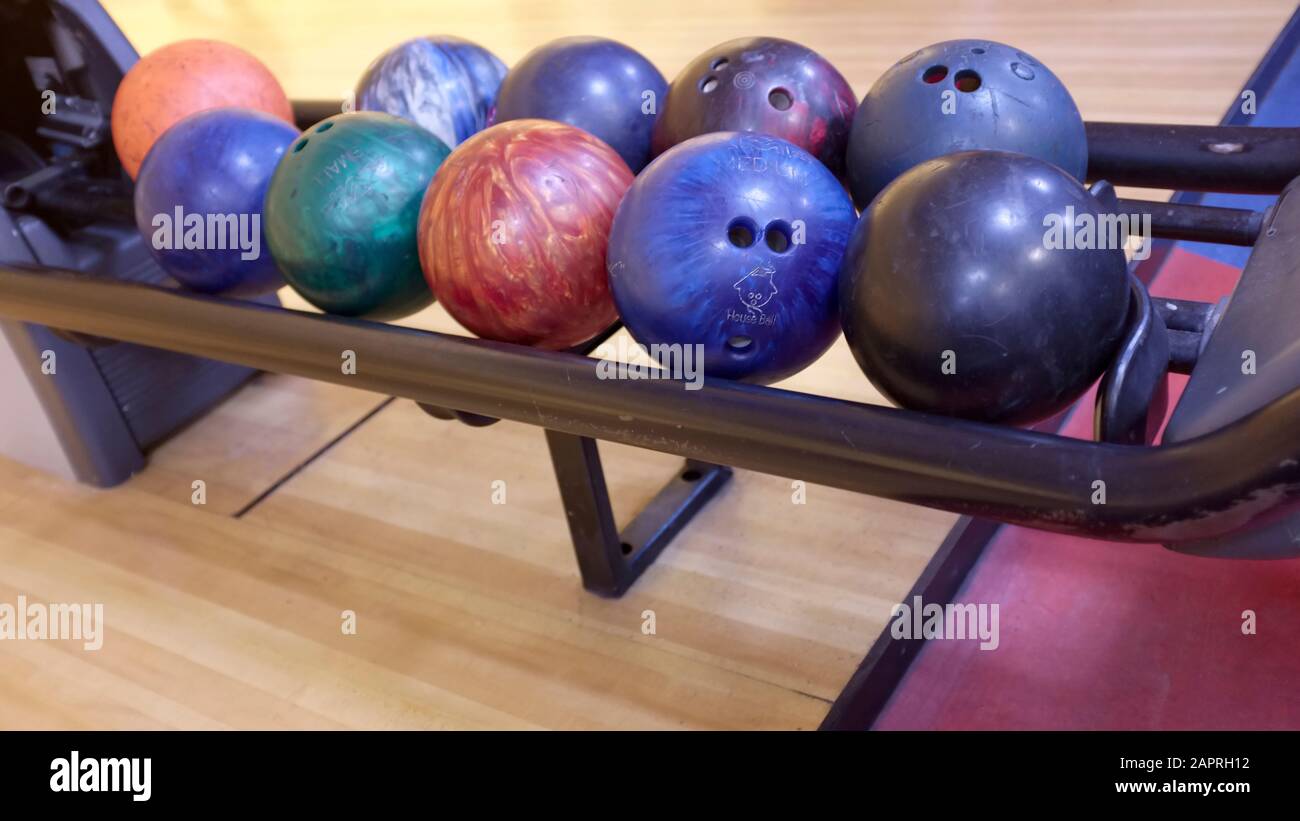 Different size and weights bowling balls. Stock Photo