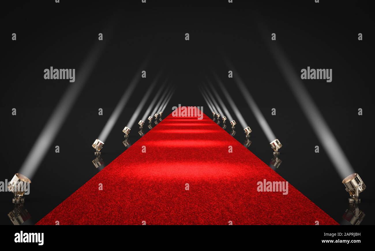3d render image of an entrance with red carpet and side lights with black background. celebrity and exclusivity concept. Stock Photo
