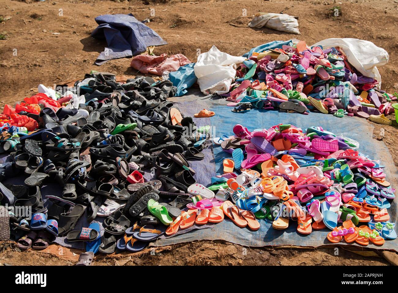Plastic shoes on the local market of Bonga, in Kaffa Region, Ethiopia Stock Photo