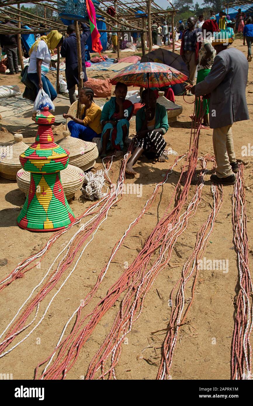 Ropemaker on the local market of Bonga, in Kaffa Region, Ethiopia Stock Photo