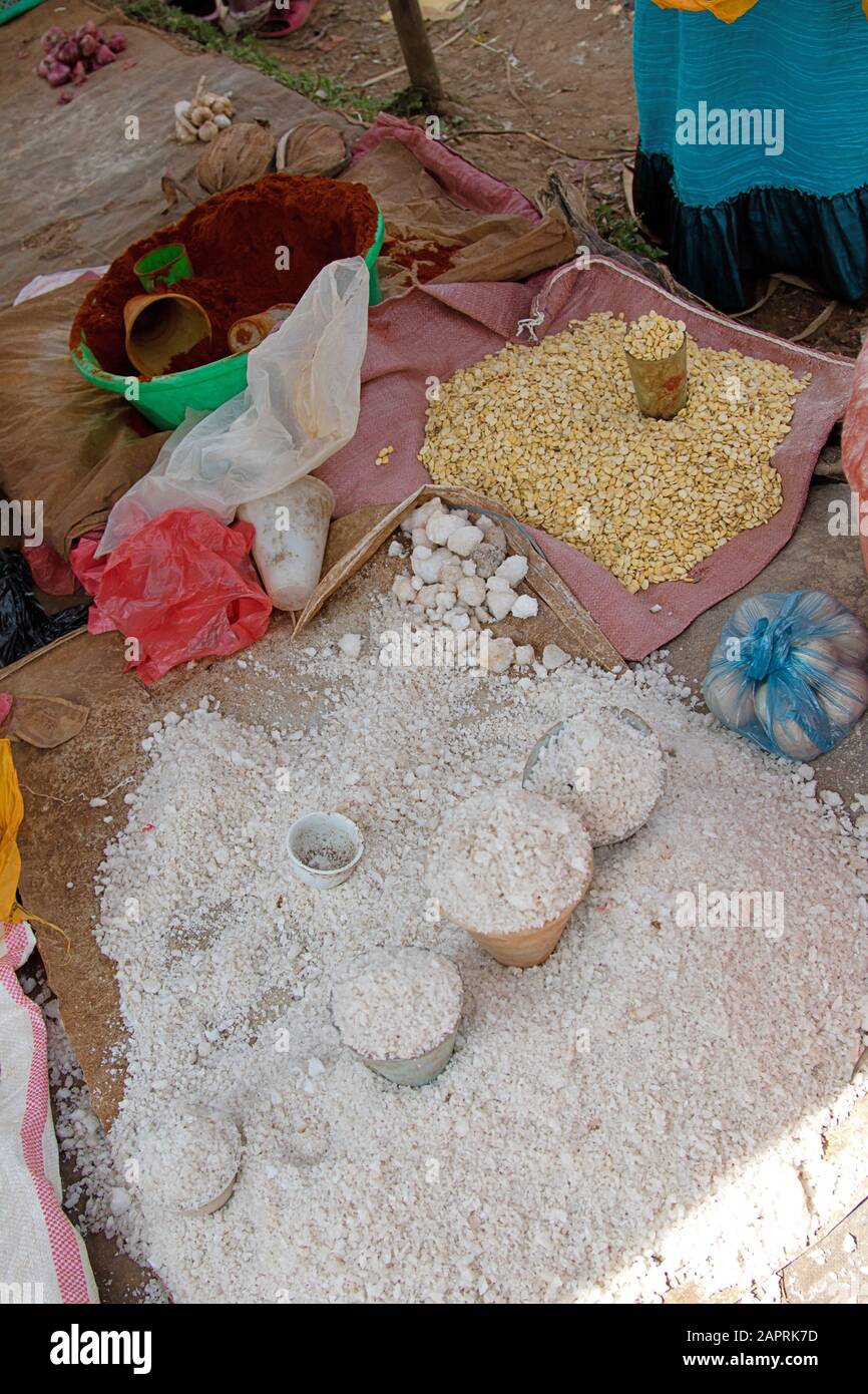 Salt, Chili and corn on the local market of Bonga, in Kaffa Region, Ethiopia Stock Photo