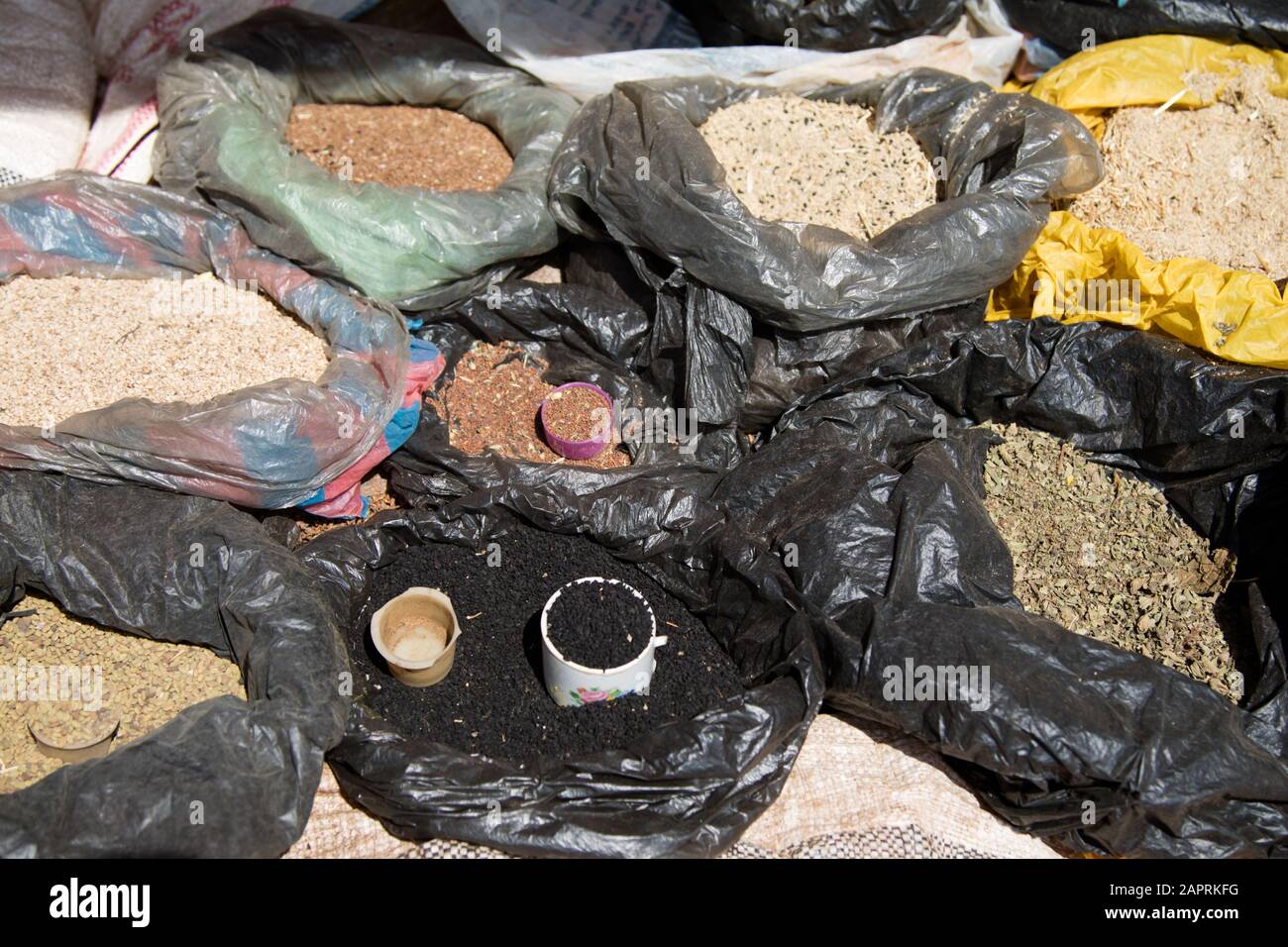 Herbs and spices on the local market of Bonga, in Kaffa Region, Ethiopia Stock Photo