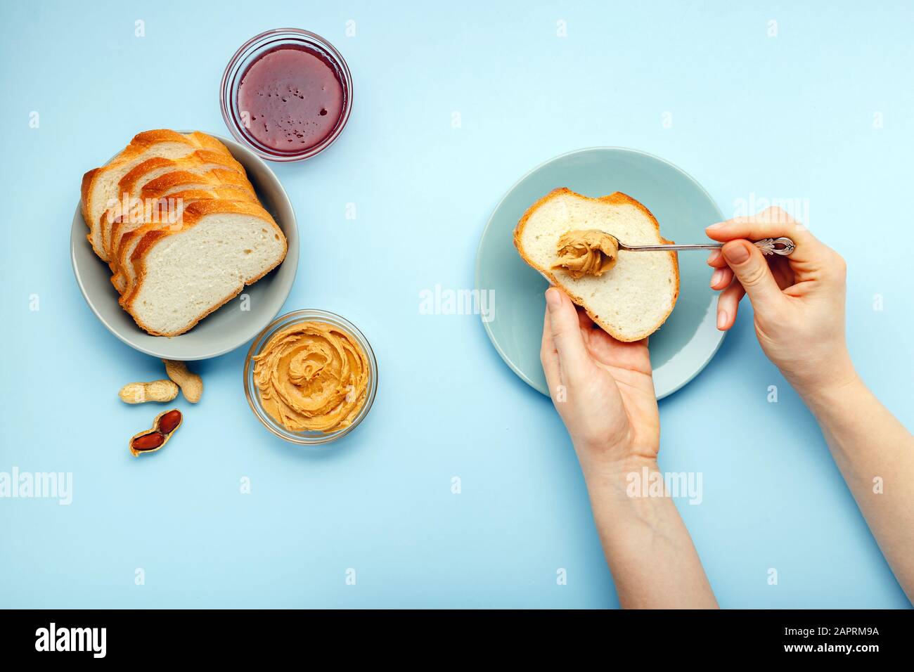 Top view,flat lay process of cooking breakfast, spreading bread, toast