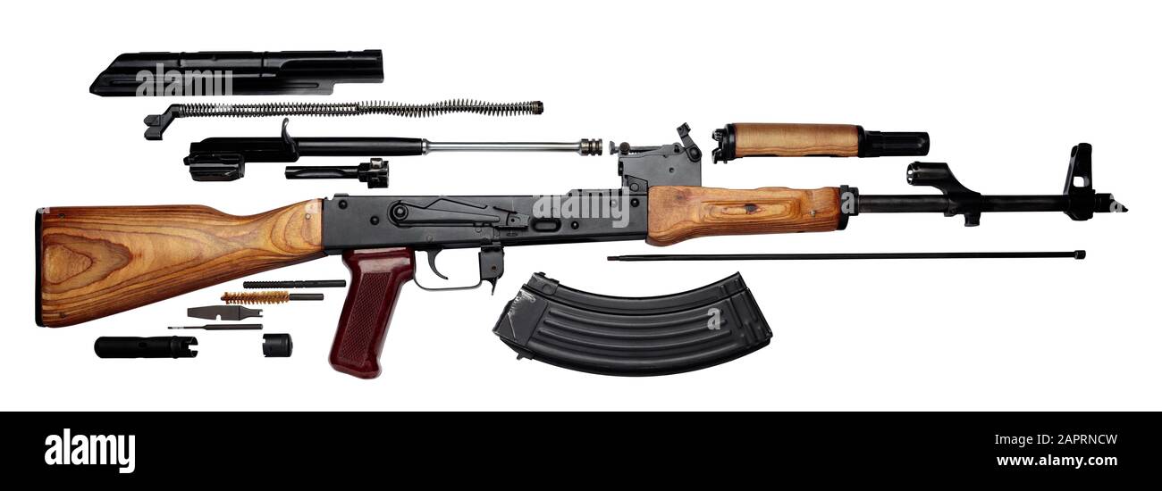 Kalashnikov assault rifle akm assembled and disassembled structure isolated on white background Stock Photo