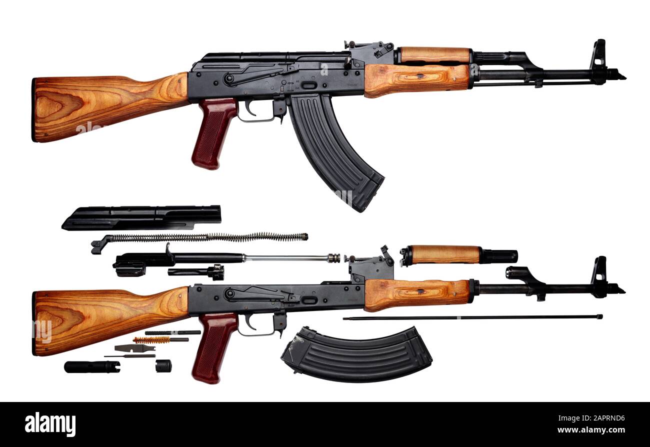 Kalashnikov assault rifle akm assembled and disassembled structure isolated on white background Stock Photo