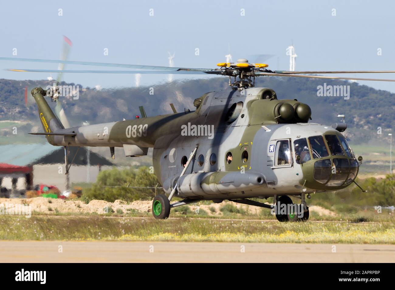 ZARAGOZA, SPAIN - MAY 20,2016: Czech Republic Air Force Mil Mi-171 helicopter taking off from Zaragoza airbase. Stock Photo