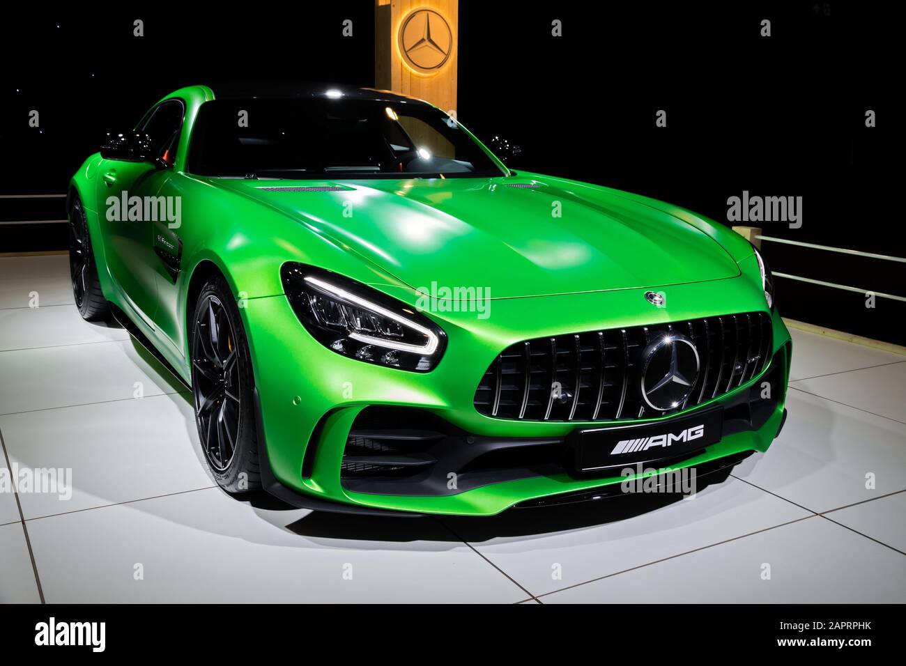 BRUSSELS - JAN 9, 2020: Mercedes-AMG GT R Coupe sports car showcased at the Brussels Autosalon 2020 Motor Show. Stock Photo