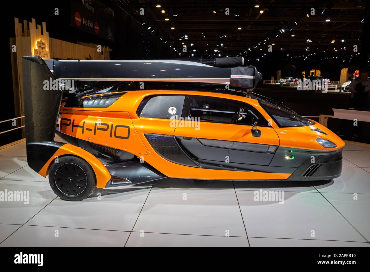 BRUSSELS - JAN 9, 2020: PAL-V Liberty flying car showcased at the Brussels Autosalon 2020 Motor Show. Stock Photo