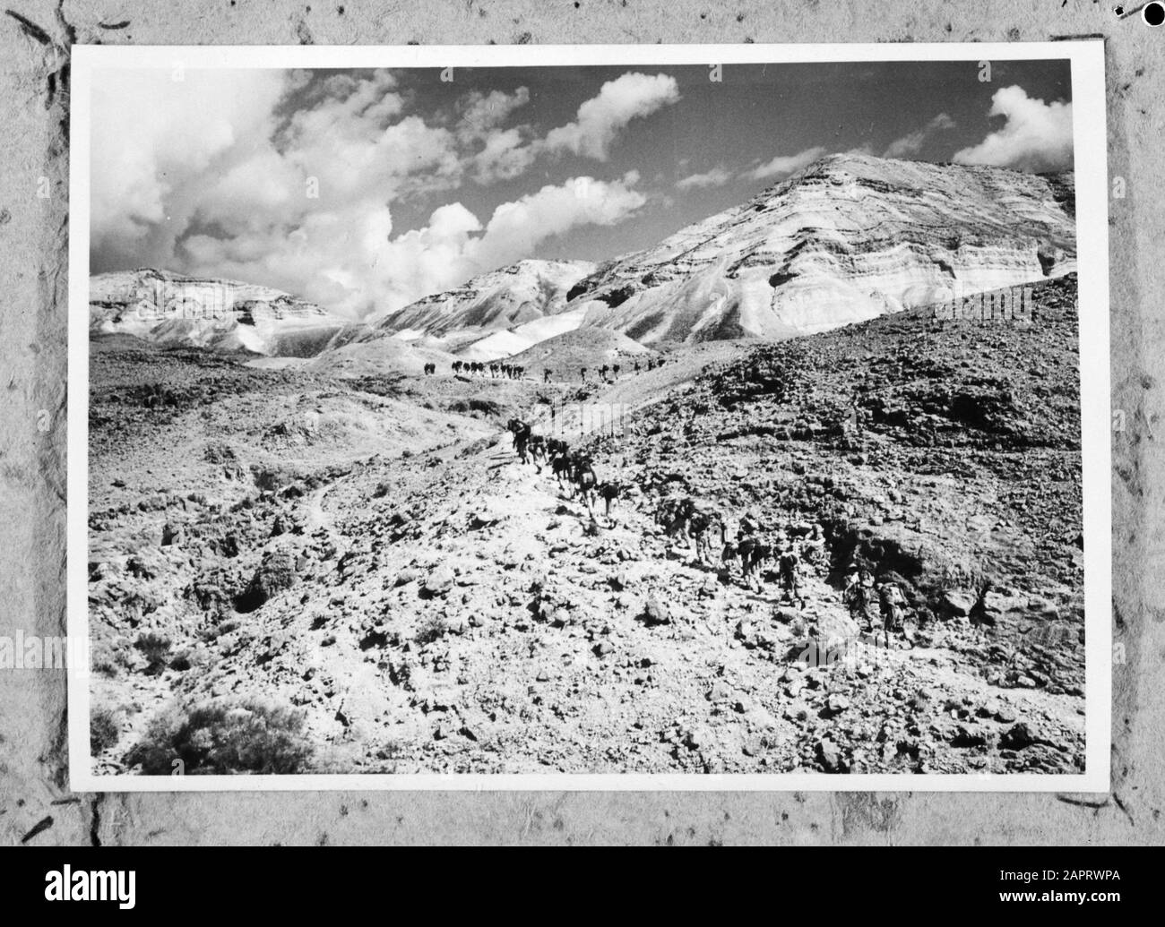 Israel 1964-1965: Dead Sea Area  A group on foot to the high fortress Massada Annotation: Massada is a citadel on a rock near the Dead Sea. It is known for the resistance of refugees against the Roman occupation after 70 AD Date: 1964 Location: Dead Sea, Israel, Massada Keywords: mountains, panoramas, rocks, fortifications Stock Photo