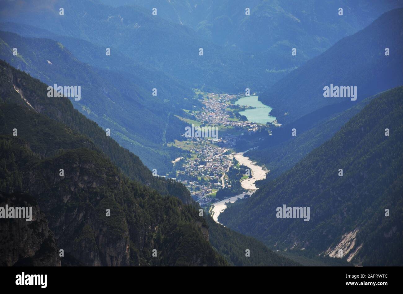From the Auronzo refuge view on the homonymous village Stock Photo