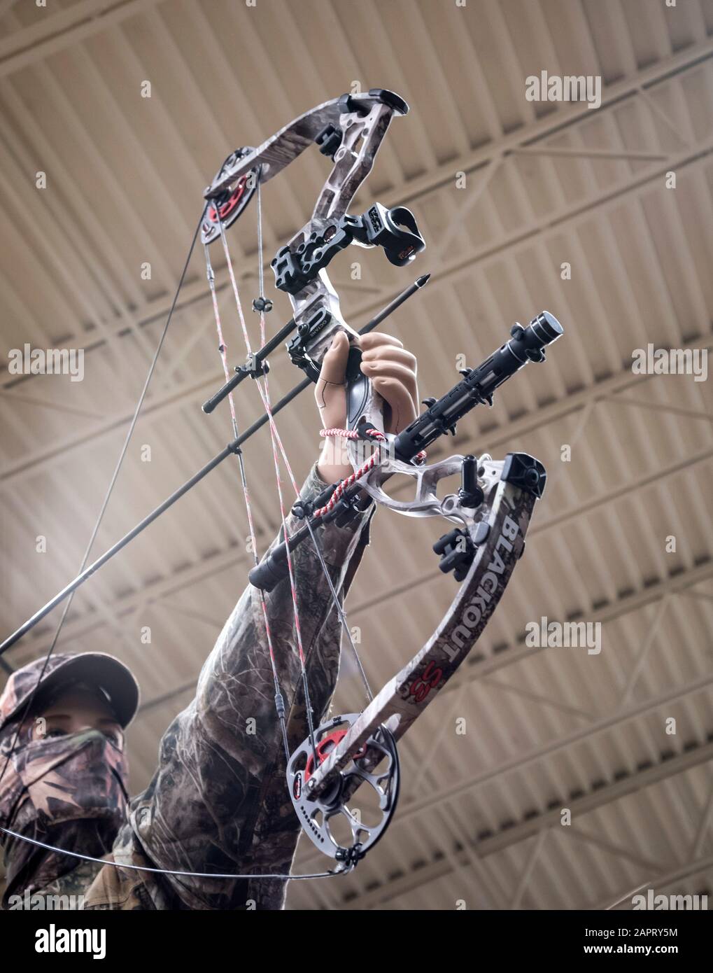 Archery department and range at Bass Pro Shops outdoors store, Gainesville, Florida.  Here showing the modern technology of the compound bow Stock Photo