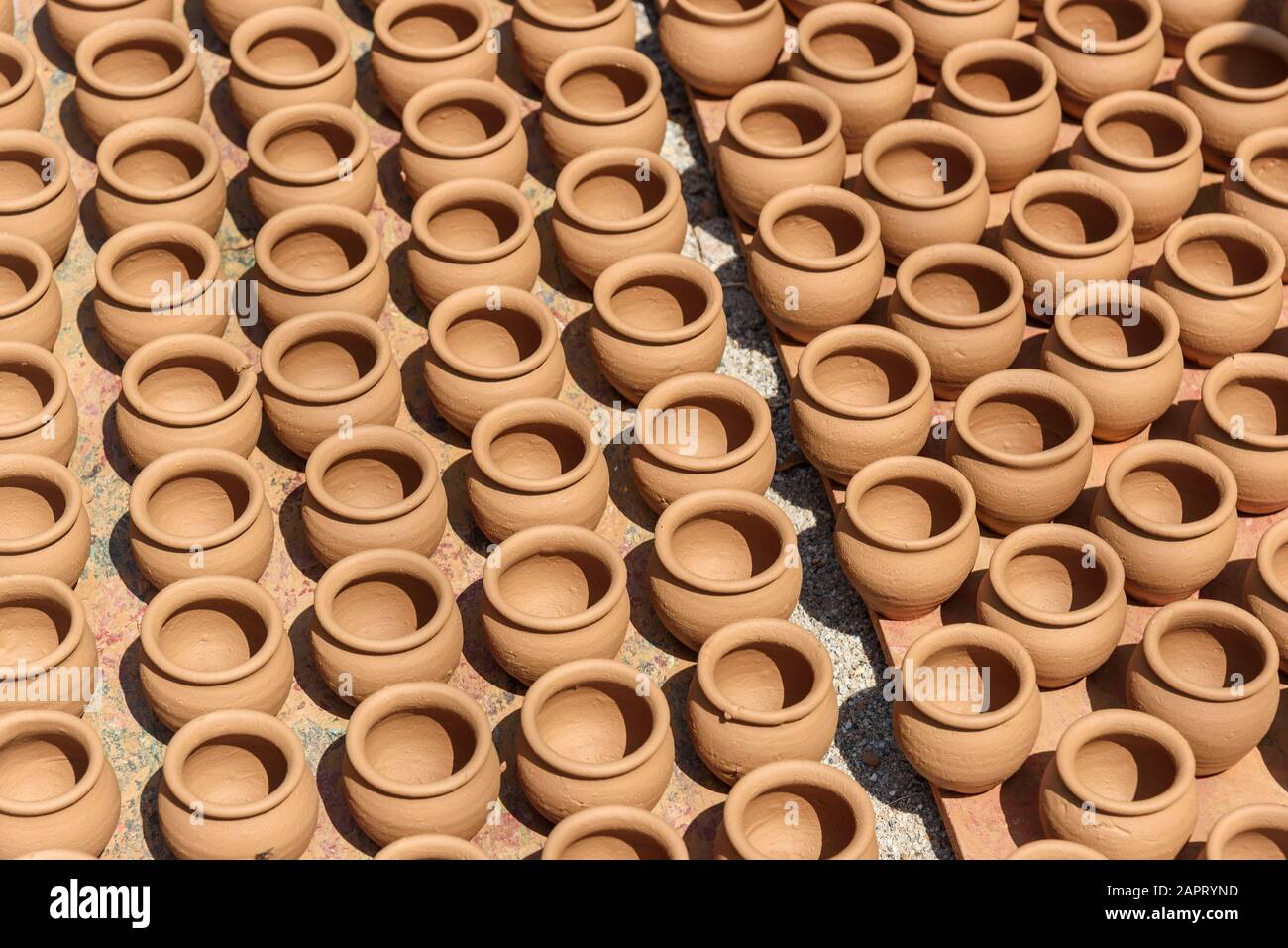 Clay pots in Pottery town is old place in Bangalore. India Stock Photo