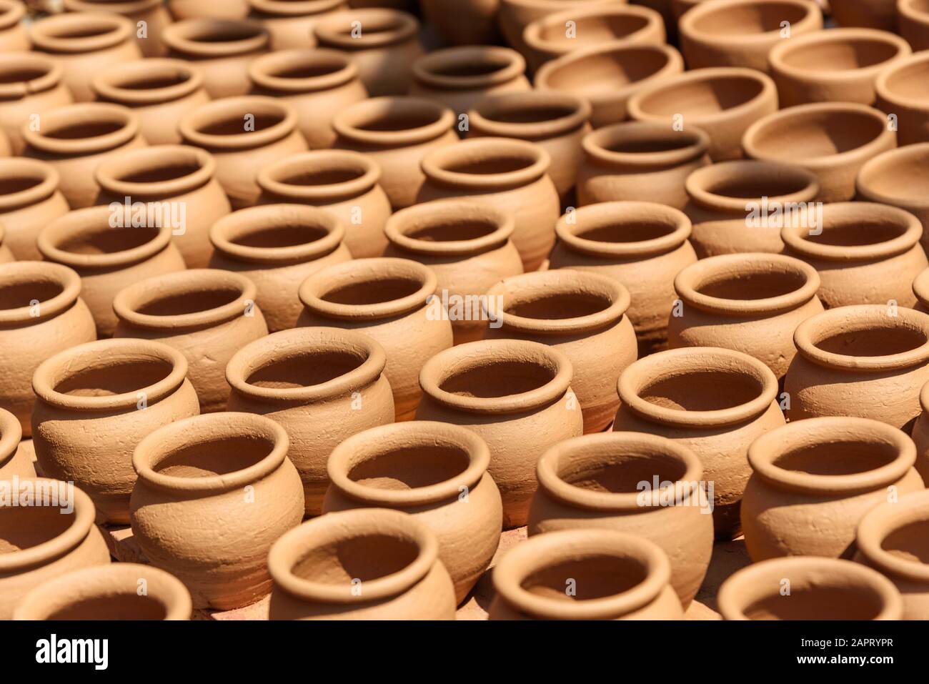 Clay pots in Pottery town is old place in Bangalore. India Stock Photo