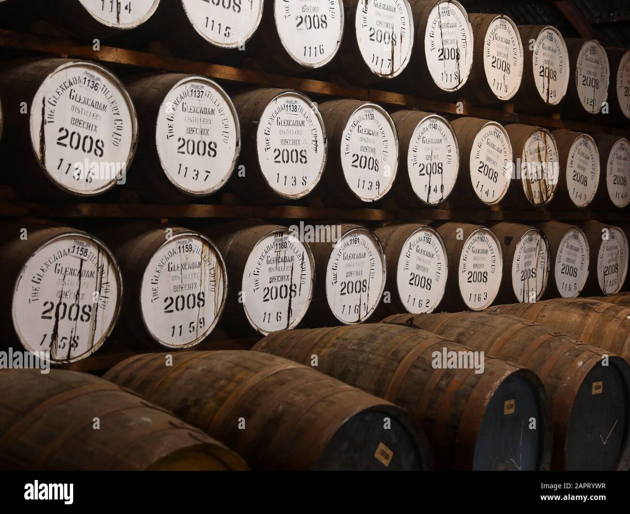 Whisky maturing in barrels stowed at Glencadam distillery which first opened in 1825, in the ancient city of Brechin, Angus, Scotland Stock Photo