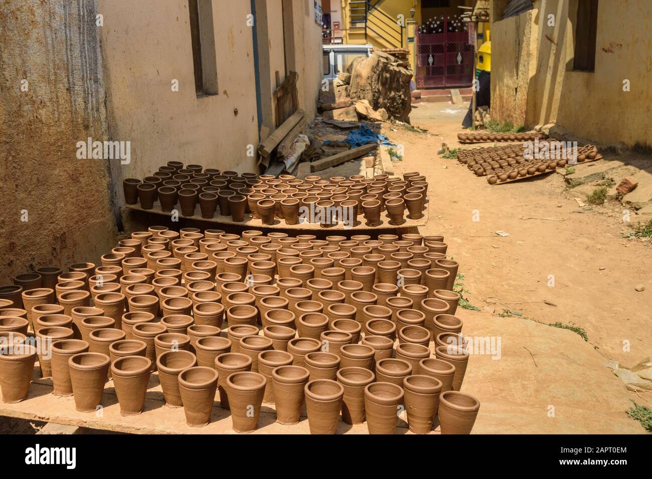 Clay pots in Pottery town is old place in Bangalore. India Stock Photo
