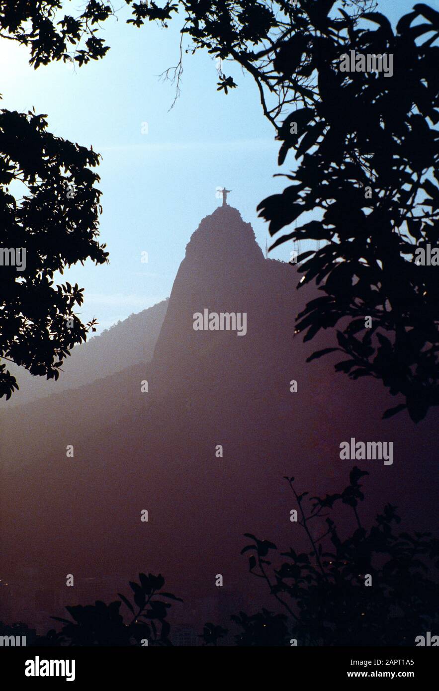 Brazil. Rio de Janeiro. Late evening view of Corcovado mountain framed with tree branches in silhouette. Stock Photo
