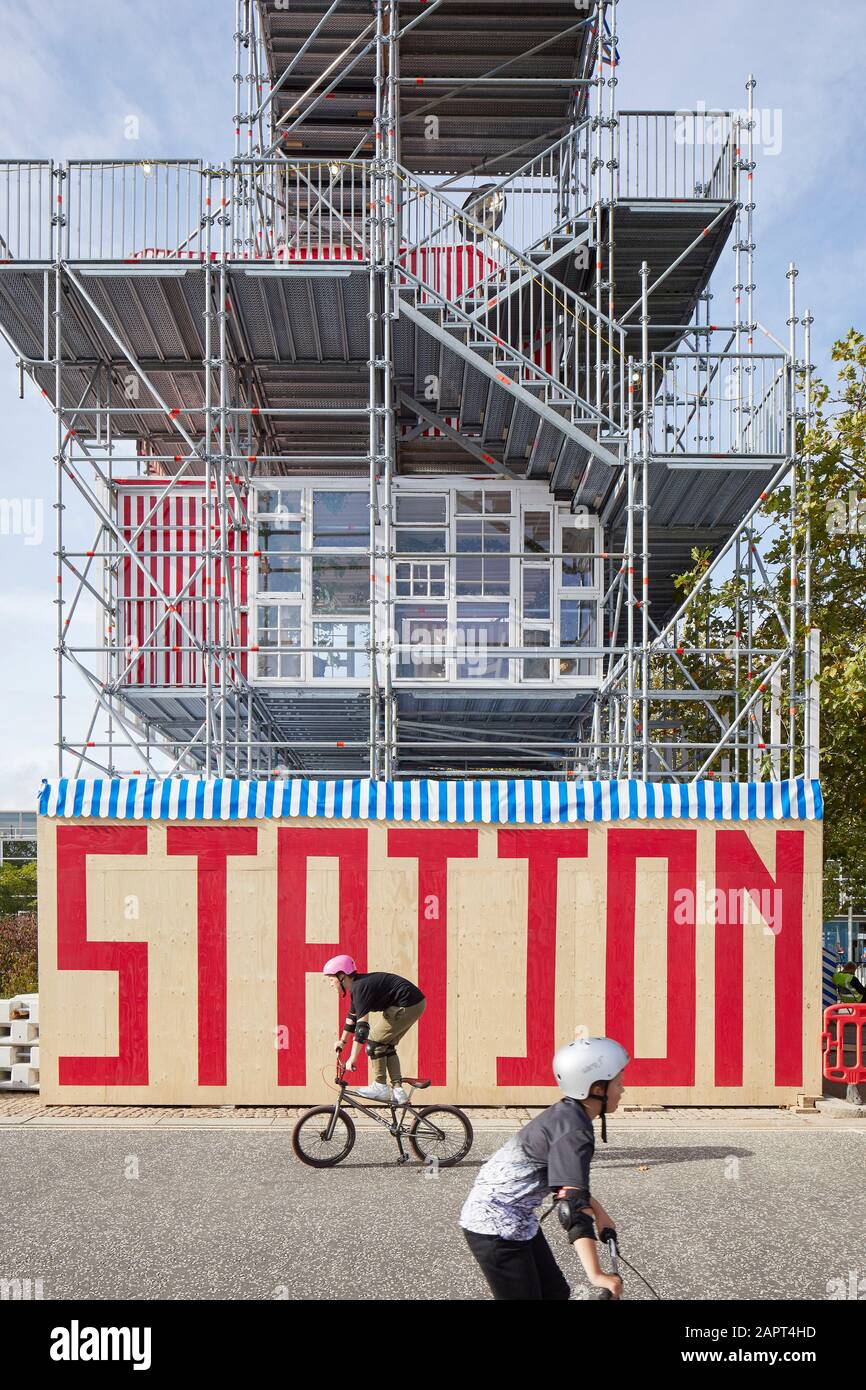 Bike School activity around Utopia Station tower. Festival of Creative Urban Living, Milton Keynes, United Kingdom. Architect: Raumlaborberlin, 2019. Stock Photo