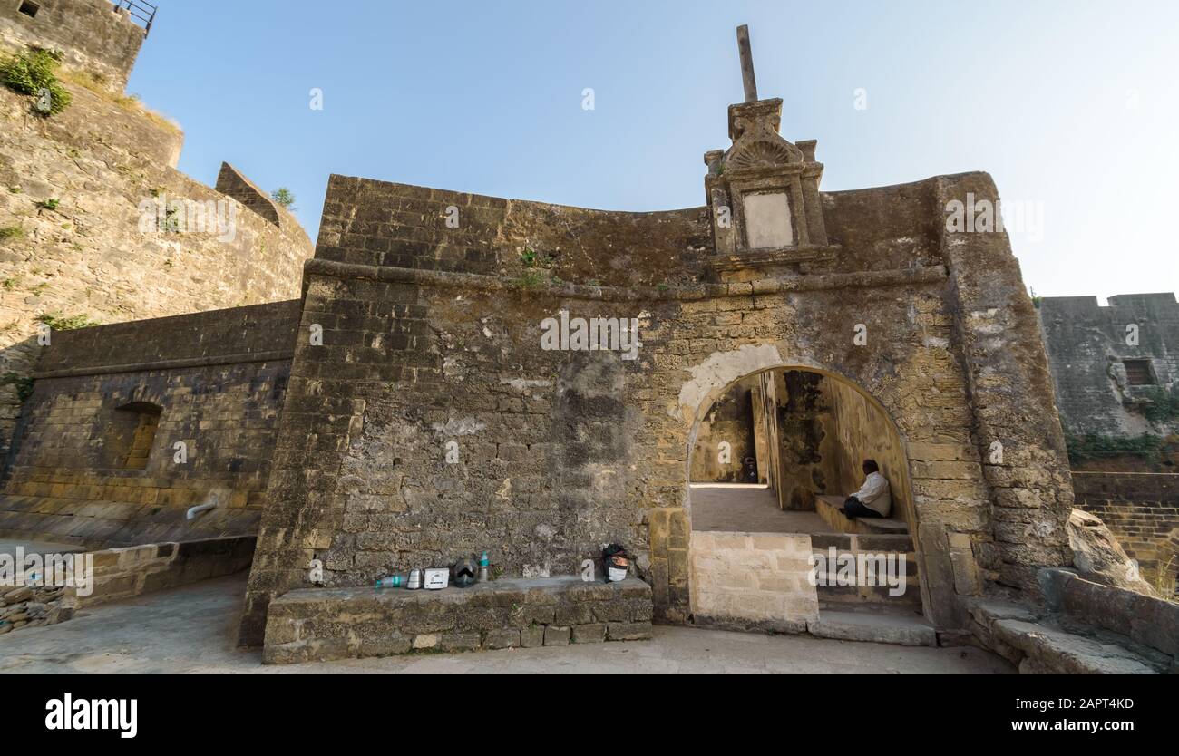 Diu, India - December 2018: The exterior facade of a gateway inside the ancient Portuguese built Diu Fort in the island of Diu. Stock Photo