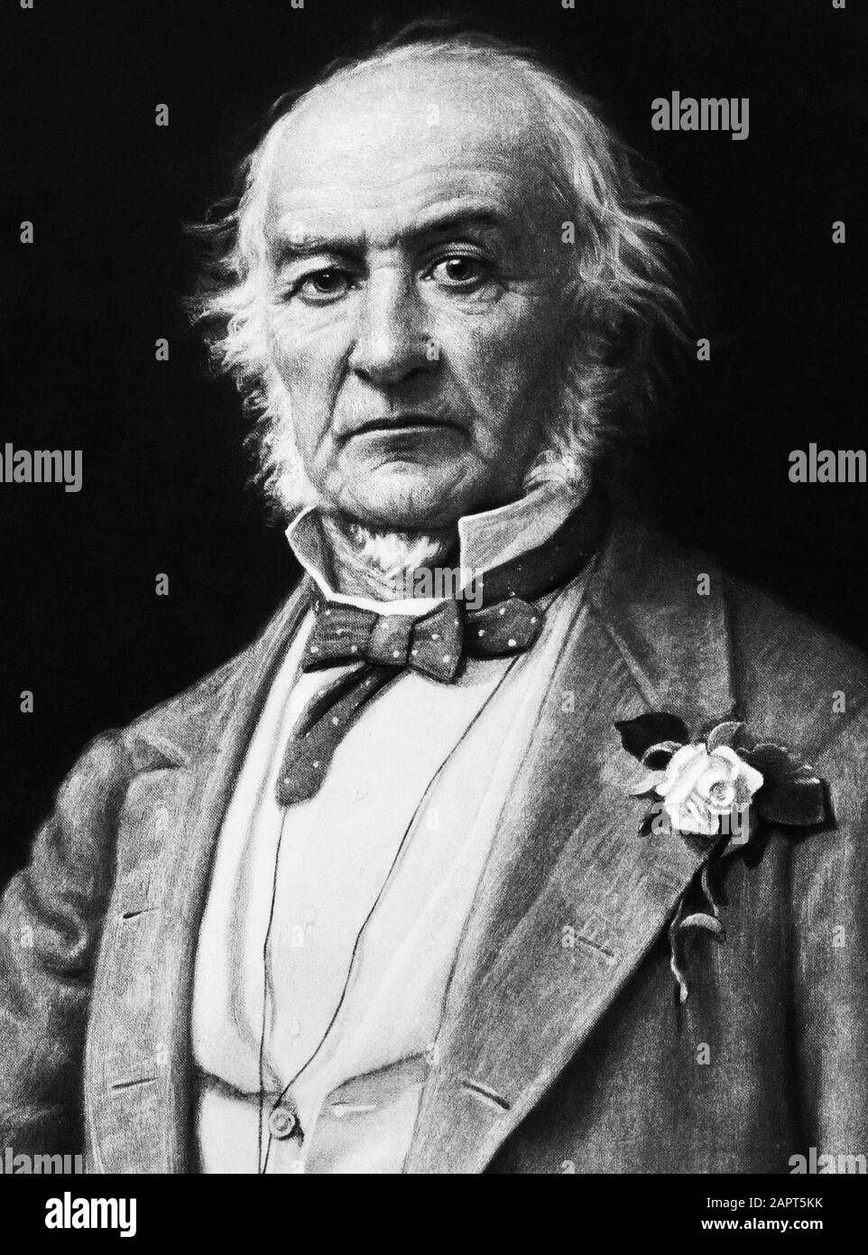 Vintage portrait of William Ewart Gladstone (1809 – 1898) – the British Liberal politician who served as Prime Minister of the United Kingdom on four occasions between 1868 and 1894. Detail from a photogravure print circa 1892 by Henry Graves & Co / photographer Franz Hanfstaengl / artist John Colin Forbes. Stock Photo
