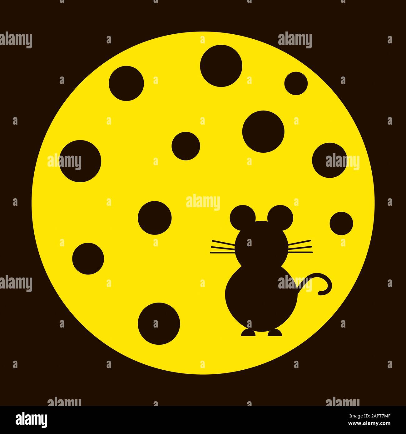Silhouette of the mouse on the slice of the cheese with holes Stock