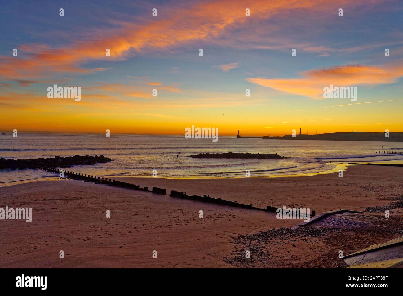 A winter sunrise over Aberdeen Beach, Scotland, United Kingdom. Stock Photo