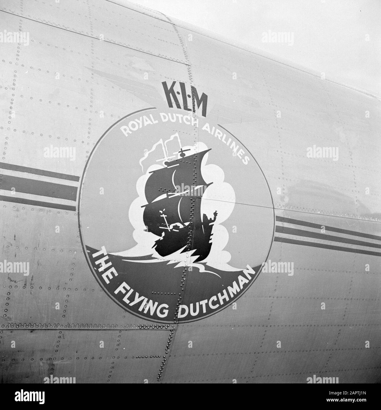 Corporate style and emblems KLM  The emblem of The Flying Dutchman on the side of the aircraft of the KLM fleet Date: August 1951 Location: Noord-Holland, Schiphol Keywords: emblems, logos, aircraft Stock Photo