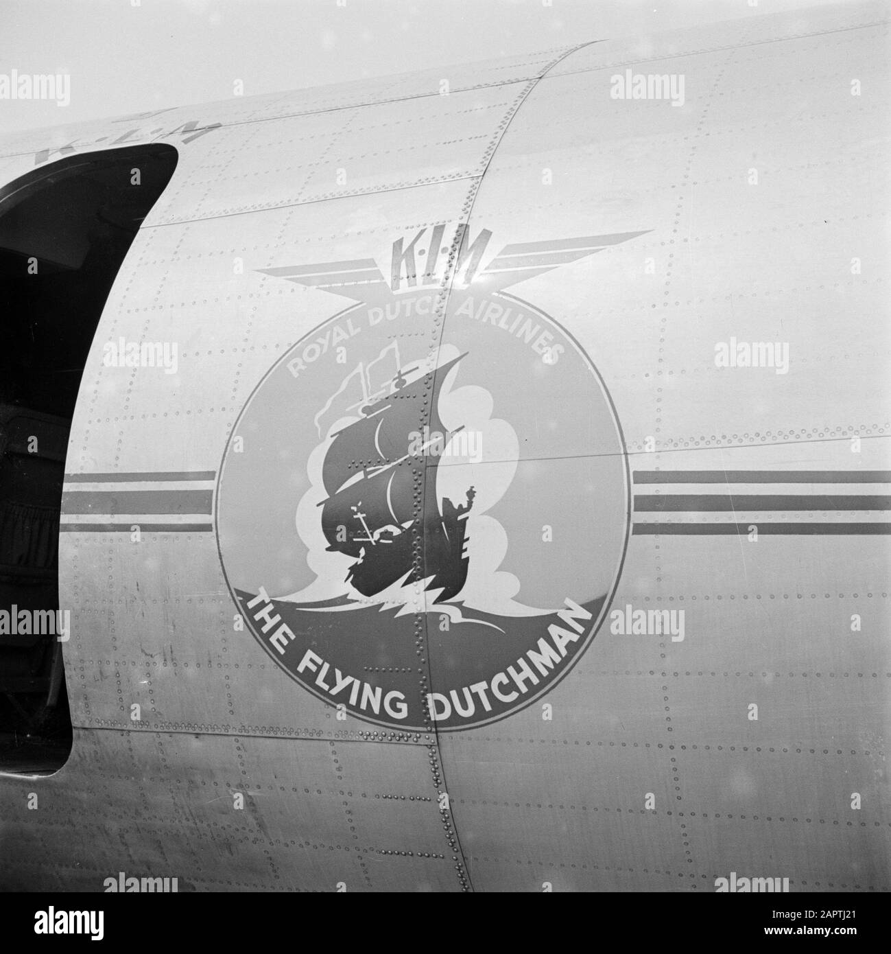 Corporate style and emblems KLM  The emblem of The Flying Dutchman on the side of the aircraft of the KLM fleet Date: August 1951 Location: Noord-Holland, Schiphol Keywords: emblems, logos, aircraft Stock Photo