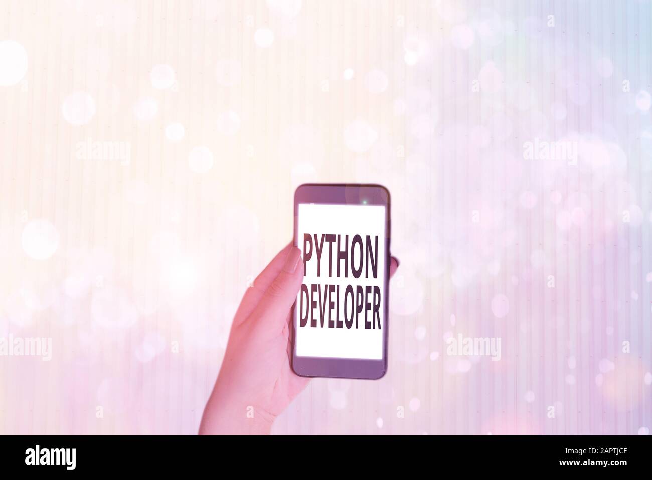 Text sign showing Python Developer. Business photo showcasing responsible for writing serverside web application logic Stock Photo