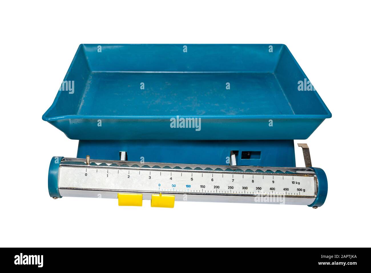 Weight Less Objects Blue weightless weight with a plastic tray, isolated on a white ...