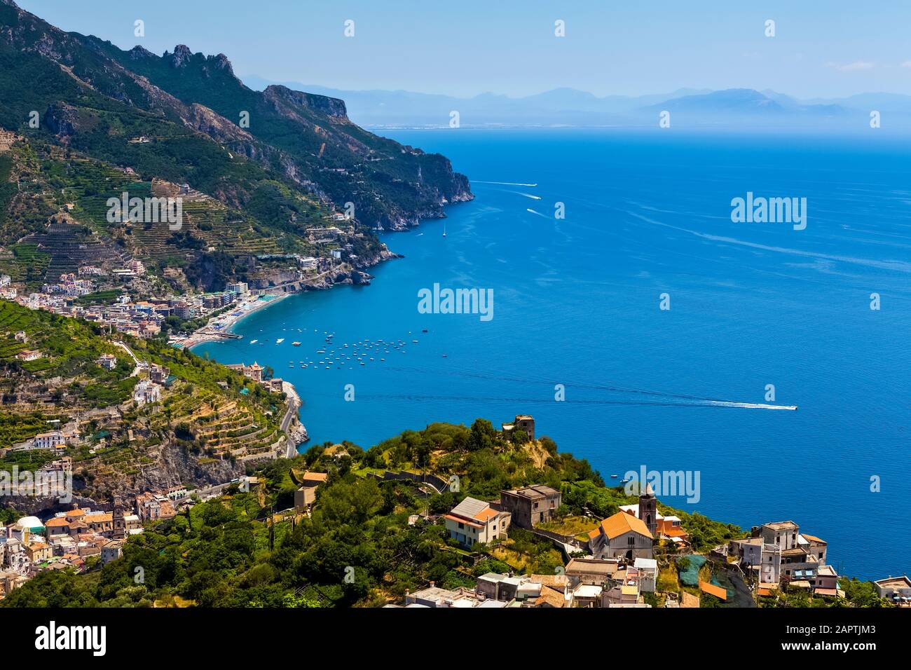 Amalfi and boats in Salerno Bay along the Amalfi Coast; Amalfi, Salerno, Italy Stock Photo Alamy
