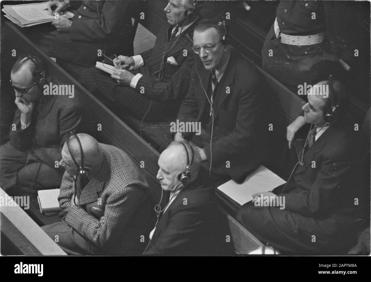The trial of Nuremberg against leaders of the Nazi regime. To the right of the middle (with glasses) Arthur Seyss-Inquart, formerly State Commissioner in occupied Netherlands. Right beside him Albert Speer Date: 4 December 1945 Location: Germany, Nuremberg Keywords: war criminals, trials, justice, World War II Personal name: Seyss-Inquart, Arthur, Speer, Albert Stock Photo