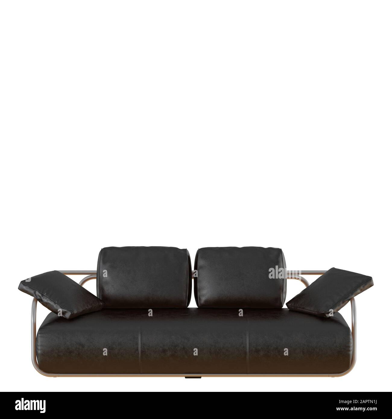 Black Leather Sofa With Pillows On A White Background Front View