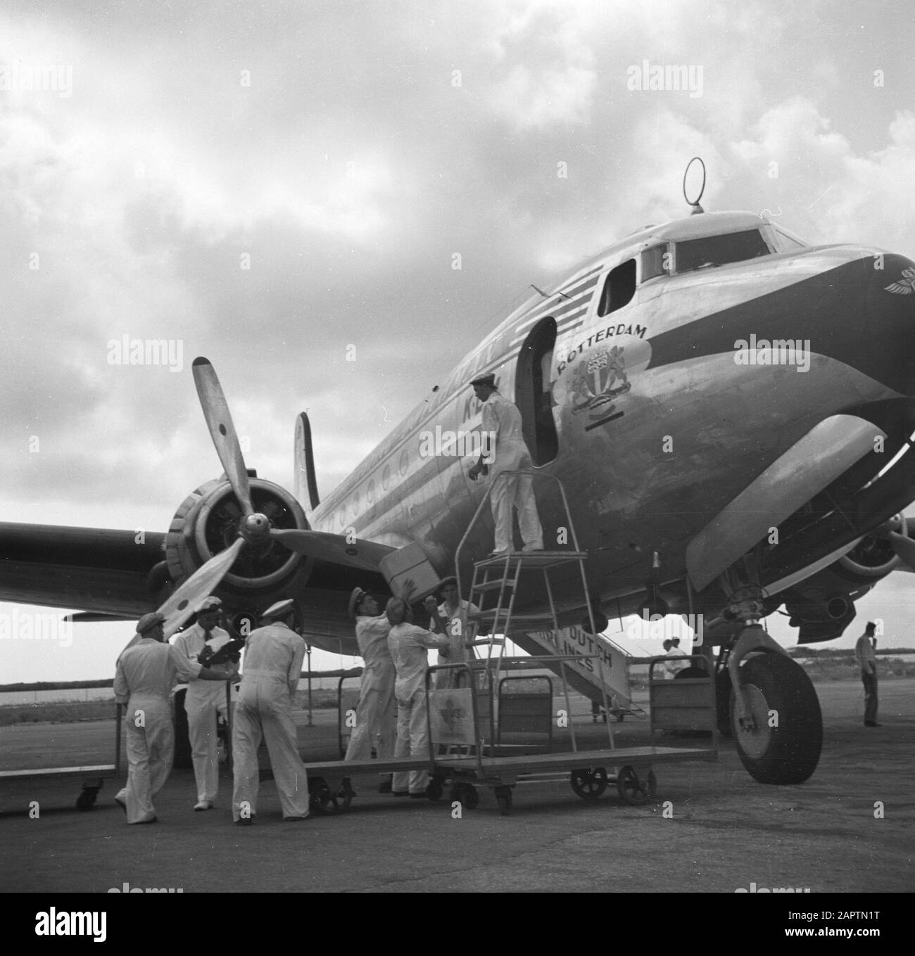 Travel to Suriname and the Netherlands Antilles  Aruba Airport Date: 1947 Location: Aruba Keywords: luggage, airplanes, airports Institution name: Dakota Stock Photo