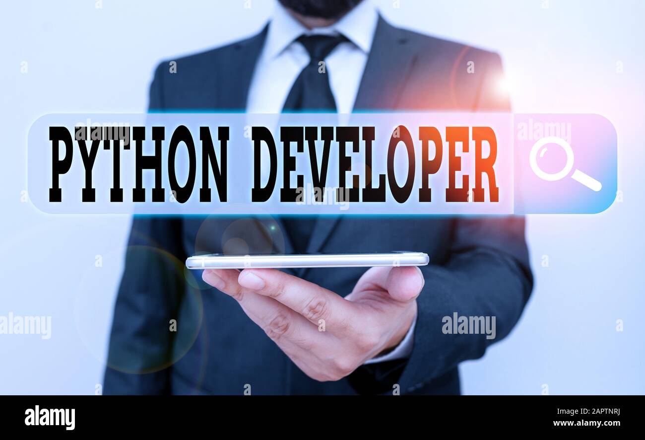Conceptual hand writing showing Python Developer. Concept meaning responsible for writing serverside web application logic Male human wear formal work Stock Photo