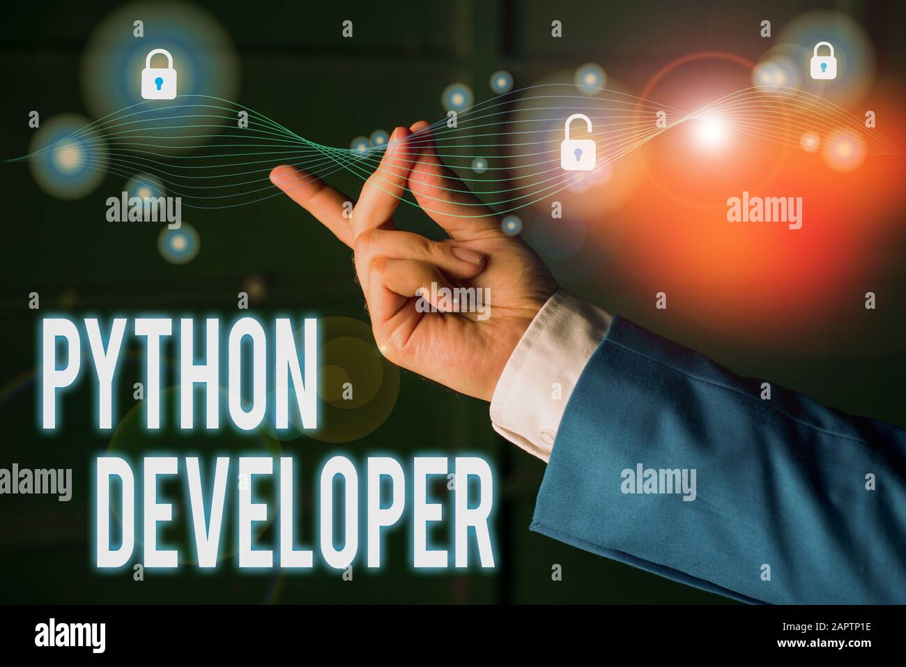 Text sign showing Python Developer. Business photo text responsible for writing serverside web application logic Stock Photo