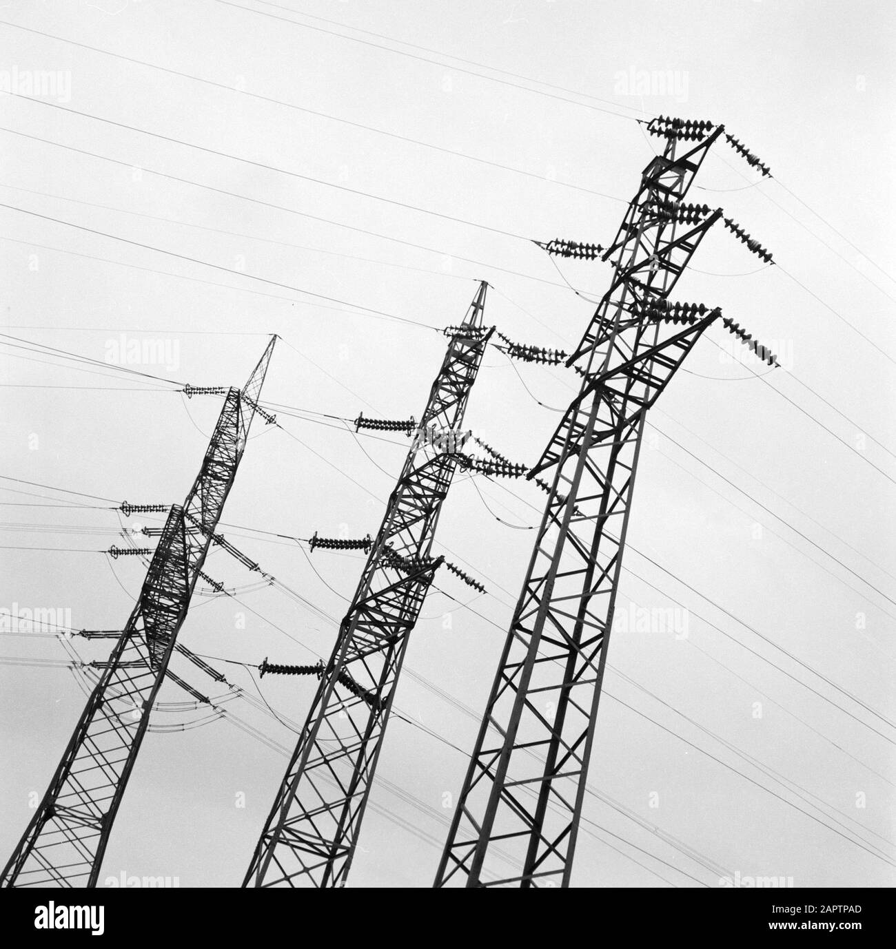 Rhine navigation, report from tug Damco 9: West Germany  High voltage mast with insulators and power lines near Koblenz Date: 1 April 1955 Location: Germany, Koblenz, West Germany Keywords: electricity, high voltage masts, landscapes Stock Photo