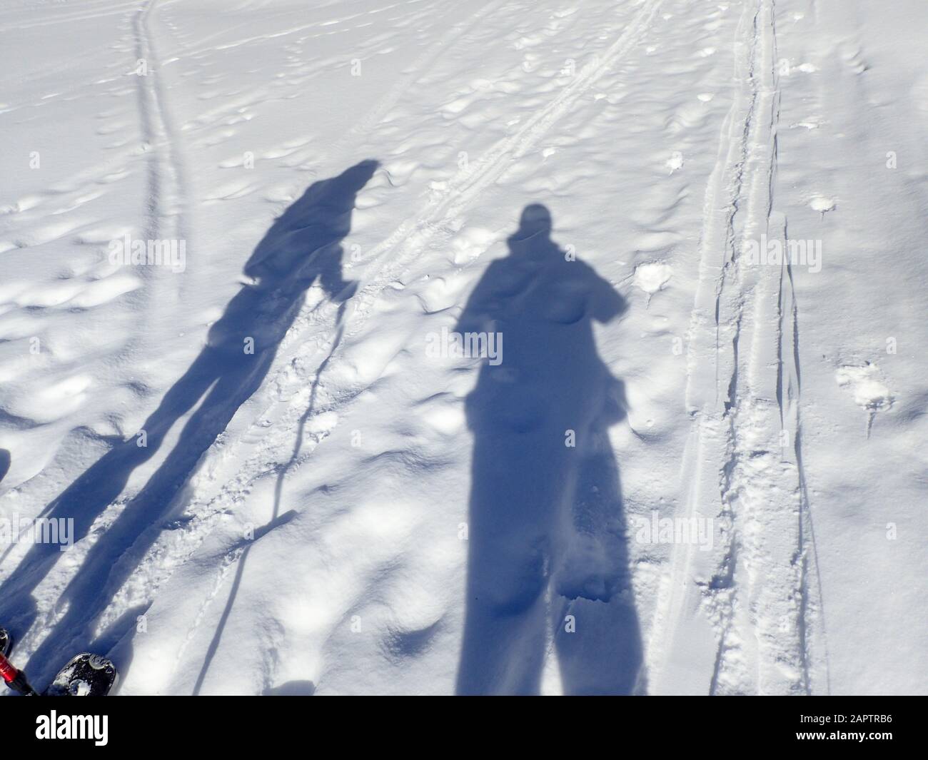Selva di Valgardena: shadows and footprints in the snow Stock Photo