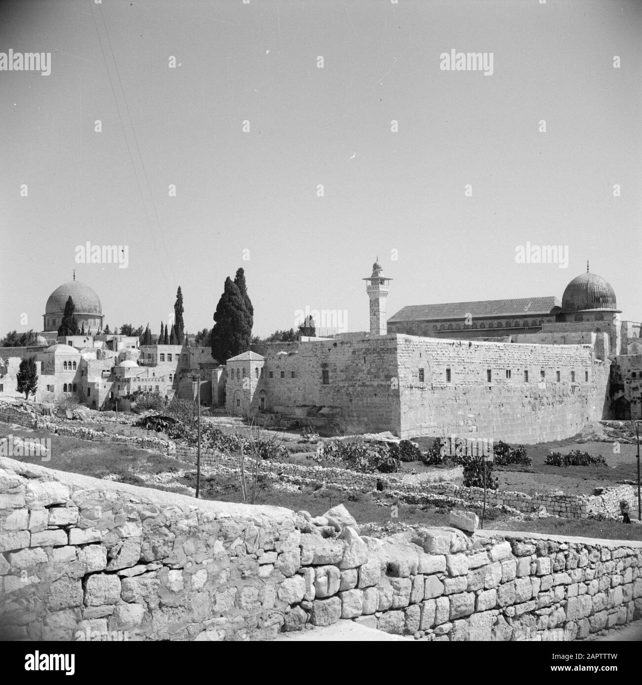 Middle East 1950-1955: Jerusalem  In Jewish Quarter. Al Aqsa mosque in the distance. Temple Square in the foreground Annotation: At the time of the recording, Jerusalem was in Jordan Date: 1950 Location: Israel, Jerusalem, Jordan Keywords: mosques, squares Stock Photo