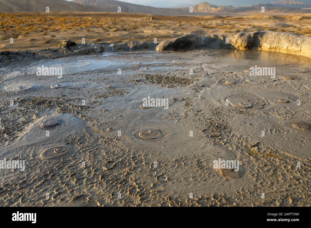 mud lake, mud volcano crater, Gobustan near Baku Azerbaijan Stock Photo