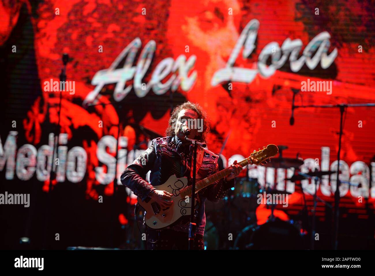 The rock band El TRI de Mexico, during his concert at the Alfonso Ortiz Tirado Festival, FAOT in Alamos, Sonora on January 23, 2020. Alex Lora. (Photo: NortePhoto.com)..  La bada de rock El TRI de Mexico, durante su concierto en el Festival Alfonso Ortiz Tirado, FAOT en Alamos, Sonora el 23 enero 2020. Alex Lora  The rock band El TRI of Mexico, during his concert at the Alfonso Ortiz Tirado Festival, FAOT in Alamos, Sonora on January 23, 2020. Alex Lora takes a bathtub from Mexico. Mexican flag, (Photo:  Israel Garnica NortePhoto.com)   La bada de rock El TRI de Mexico, durante su concierto en Stock Photo