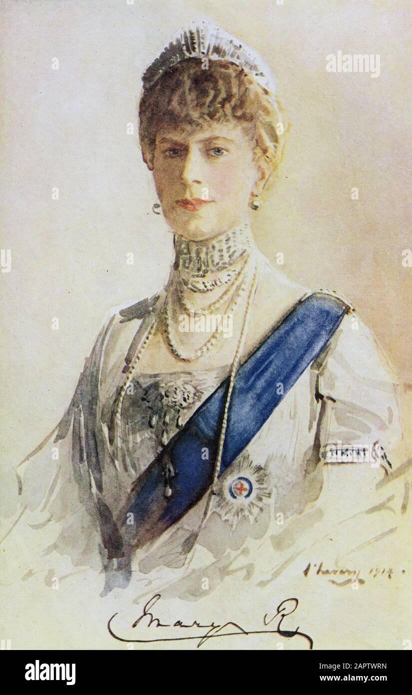 Halftone portrait of Mary of Teck (Victoria Mary Augusta Louise Olga Pauline Claudine Agnes; 1867 – 1953) Queen consort of the United Kingdom and the British Dominions and Empress consort of India as the wife of King George V. Stock Photo