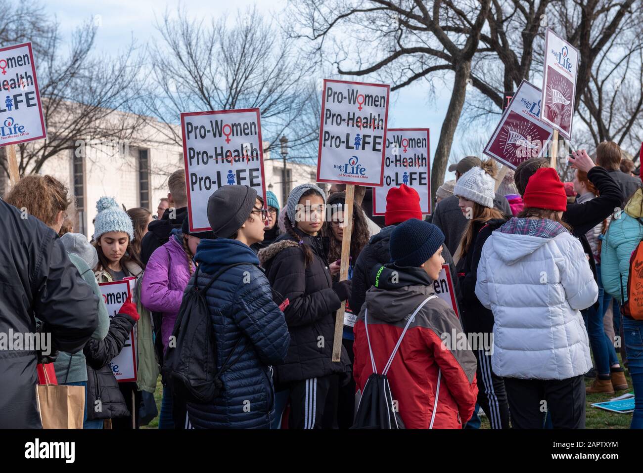 Washington DC, USA — March 24, 2020. Young women gather with placards for the annual March for Life rally in Washington, DC. Stock Photo