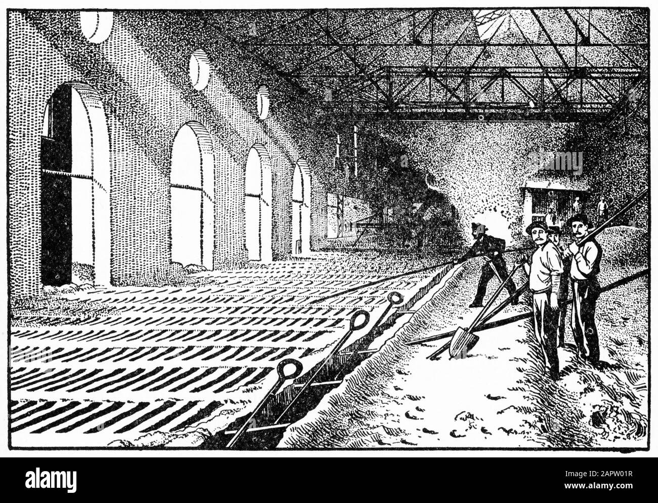 Engraving of men casting pig iron in a foundry. Based on a photograph of the Iroquois smelter, Chicago. Stock Photo